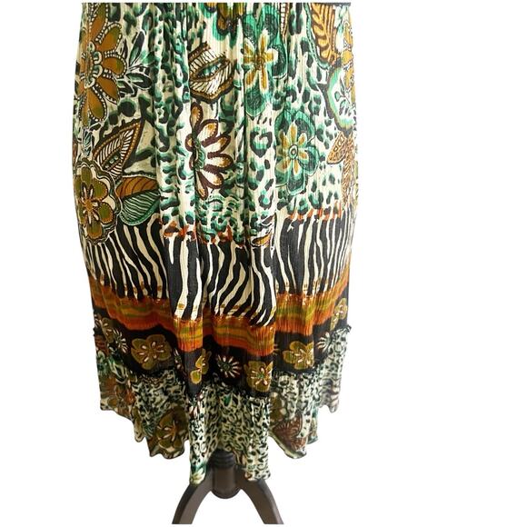 Forbidden Safari Print Dress Midi Size Medium Studded Neckline Tan Black Hippie - Picture 7 of 13